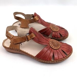 Pikolinos Puerto Vallarta Sandals Leather Slingback Closed Toe Red Tan EU 37